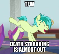 Size: 513x467 | Tagged: safe, edit, edited screencap, imported from derpibooru, screencap, sandbar, she's all yak, caption, cropped, cute, death stranding, excited, horses doing horse things, hype, image macro, meme, obligatory pony, sandabetes, text