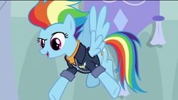 Size: 1920x1080 | Tagged: safe, edit, edited screencap, imported from derpibooru, screencap, rainbow dash, pegasus, pony, the last problem, clothes, female, flying, jacket, mare, older, older rainbow dash, removed eyebag edit, solo