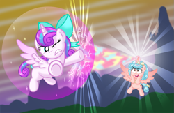 Size: 1111x719 | Tagged: safe, artist:aleximusprime, imported from derpibooru, cozy glow, princess flurry heart, alicorn, pony, flurry heart's story, the ending of the end, alicornified, bow, bubble, bubble shield, canterlot, cozycorn, dream of alicornication, duel, epic, female, fight, filly, filly flurry heart, force field, headcanon, laser beams, maniacal laugh, older, older flurry heart, one eye open, race swap, squishy cheeks