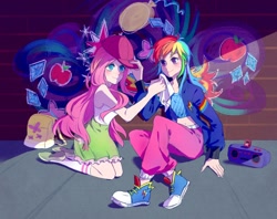 Size: 1200x952 | Tagged: safe, artist:laochi777, imported from derpibooru, fluttershy, rainbow dash, dance magic, equestria girls, spoiler:eqg specials, converse, female, flutterdash, lesbian, shipping, shoes