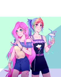 Size: 1240x1550 | Tagged: safe, artist:laochi777, imported from derpibooru, fluttershy, rainbow dash, equestria girls, female, flutterdash, lesbian, shipping