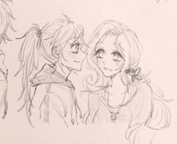 Size: 1092x885 | Tagged: safe, artist:laochi777, imported from derpibooru, fluttershy, rainbow dash, equestria girls, female, flutterdash, lesbian, monochrome, shipping, traditional art