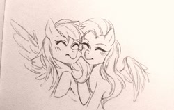 Size: 1200x757 | Tagged: safe, artist:laochi777, imported from derpibooru, fluttershy, rainbow dash, pony, female, flutterdash, lesbian, monochrome, shipping, traditional art