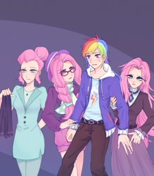 Size: 1050x1200 | Tagged: safe, artist:laochi777, imported from derpibooru, fluttershy, rainbow dash, human, fake it 'til you make it, alternate hairstyle, female, flutterdash, fluttergoth, hipstershy, humanized, lesbian, self paradox, severeshy, shipping, triality