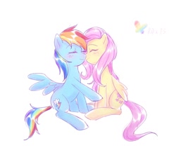Size: 1170x1000 | Tagged: safe, artist:laochi777, imported from derpibooru, fluttershy, rainbow dash, pegasus, pony, blushing, duo, eyes closed, female, flutterdash, lesbian, mare, shipping