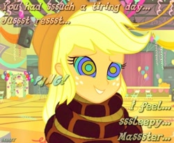 Size: 850x700 | Tagged: dead source, safe, artist:snakeythingy, imported from derpibooru, applejack, equestria girls, applejack's hat, balloon, brainwashing, canterlot high, coiling, coils, cowboy hat, cute, fall formal, female, gymnasium, hat, hypno eyes, hypnosis, hypnotized, kaa, kaa eyes, massage, master, mind control, party, peril, sleepy, smiling, solo, speech change, story included, streamers, text, the jungle book