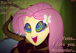 Size: 1050x730 | Tagged: safe, artist:snakeythingy, imported from derpibooru, fluttershy, equestria girls, barrette, brainwashing, canterlot high, coiling, coils, cute, disney, excited, female, hallway, happy, hypno eyes, hypnosis, hypnotized, kaa, kaa eyes, massage, master, mind control, open mouth, peril, shyabetes, snake tail, solo, speech change, story included, text