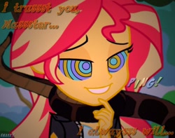 Size: 900x710 | Tagged: safe, artist:snakeythingy, imported from derpibooru, sunset shimmer, equestria girls, friendship games, brainwashing, clothes, coils, cute, dress, female, hypno eyes, hypnosis, hypnotized, implied kaa, jacket, kaa, kaa eyes, leather jacket, lidded eyes, master, mind control, peril, shimmerbetes, smiling, solo, speech change, story included