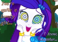 Size: 400x291 | Tagged: safe, artist:snakeythingy, imported from derpibooru, rarity, equestria girls, friendship games, adorable face, barrette, bracelet, brainwashing, clothes, cute, disney, dress, female, hissing, hypno eyes, hypnosis, hypnotized, implied kaa, jewelry, kaa, kaa eyes, master, mind control, offscreen character, peril, raribetes, solo, speech change, story included, text, tree