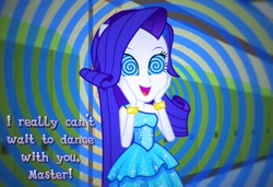Size: 1024x699 | Tagged: safe, artist:snakeythingy, imported from derpibooru, rarity, equestria girls, bracelet, canterlot high, clothes, cute, dancing, dress, excited, fall formal, fall formal outfits, female, hallway, hands on cheeks, happy, hypno eyes, hypnosis, hypnotized, jewelry, lockers, master, ponied up, ponytail, raribetes, sexy, solo, spiral, story included, swirly eyes, text