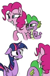 Size: 600x911 | Tagged: safe, artist:emositecc, imported from derpibooru, pinkie pie, spike, twilight sparkle, alicorn, dragon, earth pony, pony, female, male, mare, nervous grin, smug, sweat, twilight sparkle (alicorn)
