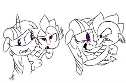 Size: 1024x675 | Tagged: safe, artist:emositecc, imported from derpibooru, spike, twilight sparkle, dragon, pony, unicorn, vampire, alternate eye color, angry, evil spike, fangs, female, looking at each other, male, mare, red eyes, unicorn twilight