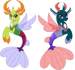 Size: 962x894 | Tagged: safe, artist:cloudy glow, artist:cloudyglow, editor:thomasfan45, imported from derpibooru, pharynx, thorax, changedling, changeling, seapony (g4), changedling brothers, fin wings, fins, king thorax, looking at you, male, mandibles, prince pharynx, seaponified, seapony pharynx, seapony thorax, simple background, smiling, species swap, tail, vector, white background, wings