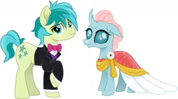 Size: 1427x800 | Tagged: safe, artist:cloudy glow, artist:cloudyglow, edit, editor:thomasfan45, imported from derpibooru, ocellus, sandbar, changedling, changeling, earth pony, pony, beautiful, bowtie, clothes, cutie mark, dress, female, flower, formal dress, formal wear, handsome, male, movie accurate, ocelbar, shipping, simple background, straight, suit, tuxedo, vector, white background