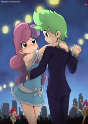 Size: 2067x2923 | Tagged: safe, artist:ryured, imported from derpibooru, apple bloom, scootaloo, spike, sweetie belle, human, armpits, blushing, boots, bow, bracelet, city, cityscape, clothes, cute, cutie mark crusaders, dress, ear piercing, earring, female, grin, hair bow, holding hands, humanized, jewelry, looking at each other, male, miniskirt, night, outdoors, pants, piercing, pleated skirt, romantic, shipping, shoes, skirt, skirtaloo, smiling, spikebelle, straight
