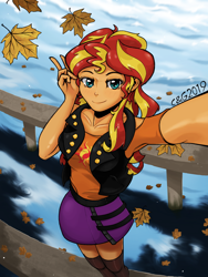 Size: 1536x2048 | Tagged: safe, artist:qzygugu, imported from derpibooru, sunset shimmer, human, equestria girls, equestria girls series, autumn, beautiful, clothes, cute, female, leaf, leaves, looking at you, miniskirt, peace sign, shimmerbetes, skirt, smiling, socks, solo, thigh highs