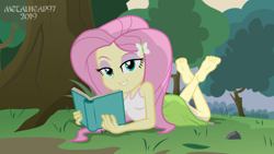 Size: 8000x4500 | Tagged: safe, artist:metalhead97, imported from derpibooru, fluttershy, equestria girls, barefoot, bedroom eyes, book, clothes, commission, cute, feet, female, looking at you, prone, show accurate, shyabetes, soles, solo, the pose