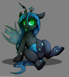 Size: 2700x3000 | Tagged: safe, artist:skitsniga, artist:skitsroom, imported from derpibooru, queen chrysalis, changeling, changeling queen, cute, cutealis, female, glowing eyes, gray background, green eyes, high res, simple background, sitting, smiling, solo, tongue out, younger