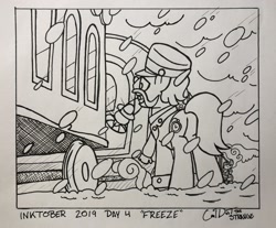 Size: 2048x1694 | Tagged: safe, artist:coaldustthestrange, imported from derpibooru, all aboard, steamer, earth pony, pony, conductor, conductor hat, inktober, inktober 2019, lantern, snow, traditional art, train