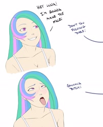 Size: 2370x2932 | Tagged: safe, artist:eve-ashgrove, imported from derpibooru, princess celestia, human, ahegao, clothes, comic, dialogue, female, funny, humanized, implied princess luna, open mouth, smiling, solo, vulgar