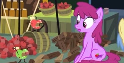 Size: 389x199 | Tagged: safe, imported from derpibooru, screencap, berry punch, berryshine, goldengrape, sir colton vines iii, earth pony, pony, the big mac question, apple, background pony, cropped, female, food, living apple, mare, solo focus