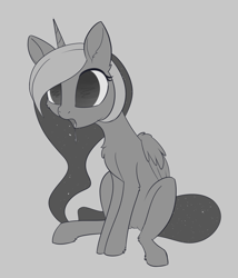 Size: 1617x1890 | Tagged: safe, artist:dusthiel, imported from derpibooru, princess luna, alicorn, pony, drool, ethereal mane, female, grayscale, inktober, inktober 2019, mare, mind break, monochrome, sitting, solo, starry mane