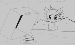 Size: 1997x1213 | Tagged: safe, artist:dusthiel, imported from derpibooru, princess luna, alicorn, pony, bush, cake, cardboard box, female, food, grayscale, hiding, inktober, inktober 2019, mare, monochrome, plate, smiling, solo, trap (device)