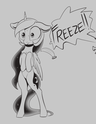 Size: 1760x2273 | Tagged: safe, artist:dusthiel, imported from derpibooru, princess luna, alicorn, pony, banana, bipedal, caught, ethereal mane, female, floppy ears, food, grayscale, inktober, inktober 2019, mare, monochrome, offscreen character, solo focus, starry mane, wide eyes