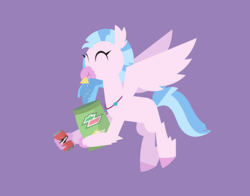 Size: 2364x1852 | Tagged: safe, artist:gd_inuk, imported from derpibooru, silverstream, classical hippogriff, hippogriff, chips, claw hold, crumbs, doritos, eating, eyes closed, female, flying, food, jewelry, lineless, logo parody, mountain dew, necklace, purple background, simple background, solo