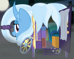 Size: 2743x2169 | Tagged: safe, artist:badumsquish, derpibooru exclusive, imported from derpibooru, trixie, monster pony, object pony, oboroguruma, original species, pony, youkai, canterlot, cart, curtains, curved horn, dark, dialogue, face down ass up, female, fog, full moon, grin, heart, horn, looking at you, looking back, looking back at you, mare, moon, night, open door, open mouth, ponified, prehensile mane, presenting, sharp teeth, show accurate, smiling, smug, species swap, spooky, street, talking to viewer, teeth, trixie's wagon, window