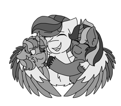 Size: 956x836 | Tagged: safe, artist:evelyncat, imported from derpibooru, oc, oc only, pegasus, pony, unicorn, chest fluff, eyes closed, female, horn, hug, inktober, inktober 2019, mare, one eye closed, pegasus oc, side hug, unicorn oc, unshorn fetlocks, winghug, wings, wink