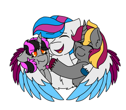 Size: 1920x1680 | Tagged: safe, alternate version, artist:evelyncat, imported from derpibooru, oc, oc only, pegasus, pony, unicorn, chest fluff, colored, eyes closed, female, frown, horn, hug, inktober, inktober 2019, mare, one eye closed, pegasus oc, side hug, unamused, unicorn oc, unshorn fetlocks, winghug, wings