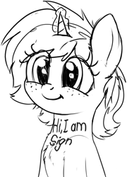 Size: 847x1175 | Tagged: safe, artist:zippysqrl, imported from derpibooru, oc, oc only, oc:sign, pony, unicorn, body writing, bust, chest fluff, cute, female, filly, freckles, glowing horn, grayscale, horn, mare, monochrome, sketch, smiling, solo, younger