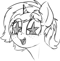 Size: 710x717 | Tagged: safe, artist:zippysqrl, imported from derpibooru, oc, oc only, oc:sign, pony, unicorn, bust, cute, female, freckles, grayscale, mare, monochrome, open mouth, sketch, solo, starry eyes, stars, wingding eyes