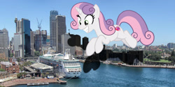 Size: 2500x1250 | Tagged: safe, artist:sebaslovetwilight, artist:theotterpony, imported from derpibooru, sweetie belle, pony, australia, city, cruise ship, giant ponies in real life, giant pony, giant unicorn, highrise ponies, irl, macro, older, older sweetie belle, photo, ponies in real life, shadow, story in the source, story included, sydney