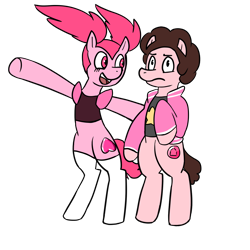 Size: 1800x1800 | Tagged: safe, artist:betlv, imported from derpibooru, earth pony, pony, spoiler:steven universe, 2019, bipedal, brown hair, brown mane, clothes, colored, concerned, crossover, cutie mark, digital art, duo, female, flat colors, gem, heart, jacket, male, mare, meme, pink hair, pink mane, pointing, ponified, ponytail, ponytails, quartz, rose quartz (gemstone), shirt, short mane, short tail, simple background, socks, spinel, spinel (steven universe), spoilers for another series, stallion, standing, standing up, stars, steven quartz universe, steven universe, steven universe future, steven universe: the movie, stockings, thigh highs, transparent background, white socks, x x everywhere