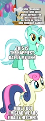 Size: 500x1346 | Tagged: safe, edit, edited screencap, editor:lord you know who, imported from derpibooru, screencap, bon bon, lyra heartstrings, mayor mare, pony, comic:the epilogue, the last problem, comic, fanfic art, female, lesbian, lyrabon, marriage, screencap comic, shipping, wedding