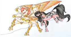 Size: 1024x538 | Tagged: safe, artist:oneiria-fylakas, imported from derpibooru, oc, oc only, oc:gaash, oc:ibath, braham, original species, unicorn, armor, traditional art