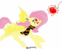 Size: 2500x2000 | Tagged: safe, artist:lowname, imported from derpibooru, fluttershy, bat pony, pony, apple, bait, bat ponified, clothes, drool, eyes on the prize, female, flutterbat, food, inktober, inktober 2019, race swap, running, scarf, solo, tongue out