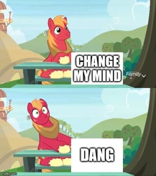 Size: 500x562 | Tagged: safe, edit, edited screencap, imported from derpibooru, screencap, big macintosh, earth pony, pony, the big mac question, caption, change my mind, dang, image macro, text