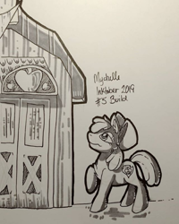 Size: 480x600 | Tagged: safe, artist:mychelle, imported from derpibooru, apple bloom, pony, barn, female, inktober, inktober 2019, monochrome, solo, traditional art