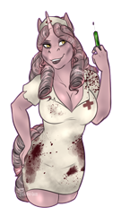 Size: 856x1479 | Tagged: safe, artist:blackblood-queen, imported from derpibooru, oc, oc only, oc:candlewick, anthro, unicorn, anthro oc, big breasts, breasts, cleavage, clothes, commission, costume, digital art, fake blood, female, halloween, halloween costume, makeup, nightmare night costume, nurse, nurse outfit, signature, simple background, smiling, solo, syringe, transparent background