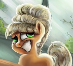 Size: 1100x1000 | Tagged: safe, artist:tijopi, imported from derpibooru, applejack, earth pony, pony, the cutie mark chronicles, alternate hairstyle, blank flank, fancy, female, filly, filly applejack, forced smile, scene interpretation, smiling, solo, younger