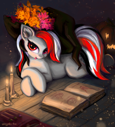 Size: 4500x5000 | Tagged: safe, artist:shoggoth-tan, imported from derpibooru, oc, oc only, oc:rifey, earth pony, pony, autumn, book, candle, female, halloween, hat, holiday, looking at you, mare, prone, pumpkin, rcf community, red eyes, solo, tongue out, witch hat