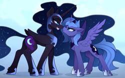 Size: 2500x1555 | Tagged: safe, artist:yakovlev-vad, edit, editor:childofthenight, imported from derpibooru, nightmare moon, princess luna, alicorn, pony, :<, angry, blue background, boop, cheek fluff, chest fluff, cute, duality, ear fluff, eye contact, female, floppy ears, frown, glare, gradient background, grin, grumpy, hoof fluff, leg fluff, lidded eyes, looking at each other, lunabetes, mare, nose wrinkle, noseboop, pouting, s1 luna, scrunchy face, self ponidox, simple background, slim, smiling, smirk, smug, spread wings, wing fluff, wings