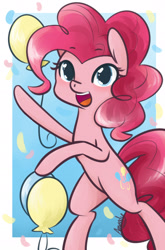 Size: 1266x1920 | Tagged: safe, artist:lilliesinthegarden, imported from derpibooru, pinkie pie, earth pony, pony, balloon, bipedal, confetti, cute, diapinkes, female, mare, open mouth, solo