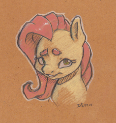 Size: 1022x1084 | Tagged: safe, artist:dilarus, deleted from derpibooru, imported from derpibooru, fluttershy, pegasus, pony, beanbrows, bust, eyebrows, female, mare, pastel pencils, pencil drawing, simple background, smiling, solo, toned paper, traditional art