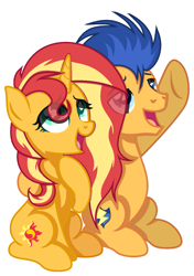 Size: 1057x1505 | Tagged: safe, artist:emberskydragon, imported from derpibooru, flash sentry, sunset shimmer, pegasus, pony, unicorn, eye clipping through hair, eyeshadow, female, flashimmer, looking up, makeup, male, mare, shipping, stallion, straight