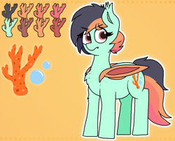 Size: 1270x1024 | Tagged: safe, artist:retro_hearts, imported from derpibooru, oc, oc only, oc:coral reef, bat pony, pony, bat pony oc, chest fluff, cute, cutie mark, female, fluffy, gradient background, mare, orange eyes, outline, reference sheet, smiling, solo