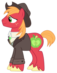 Size: 1533x1980 | Tagged: safe, artist:sonofaskywalker, imported from derpibooru, big macintosh, earth pony, pony, derpibooru, the big mac question, clothes, freckles, hat, juxtaposition, male, meta, simple background, smiling, solo, stallion, suit, transparent background, vector